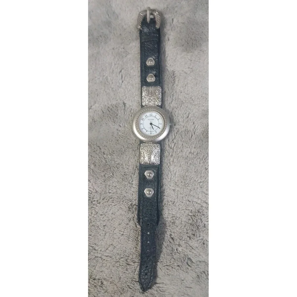Vtg Futura Quartz Watch Women Silver Ornate Black Leather Band‎ Needs Battery